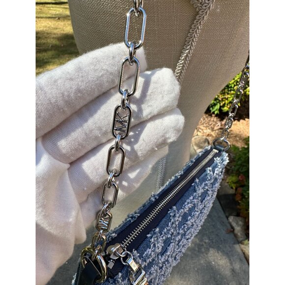 Michael Kors Empire Medium Frayed Blue Denim Chain-Link Pouchette 32S4S8EW6C - Picture 3 of 16